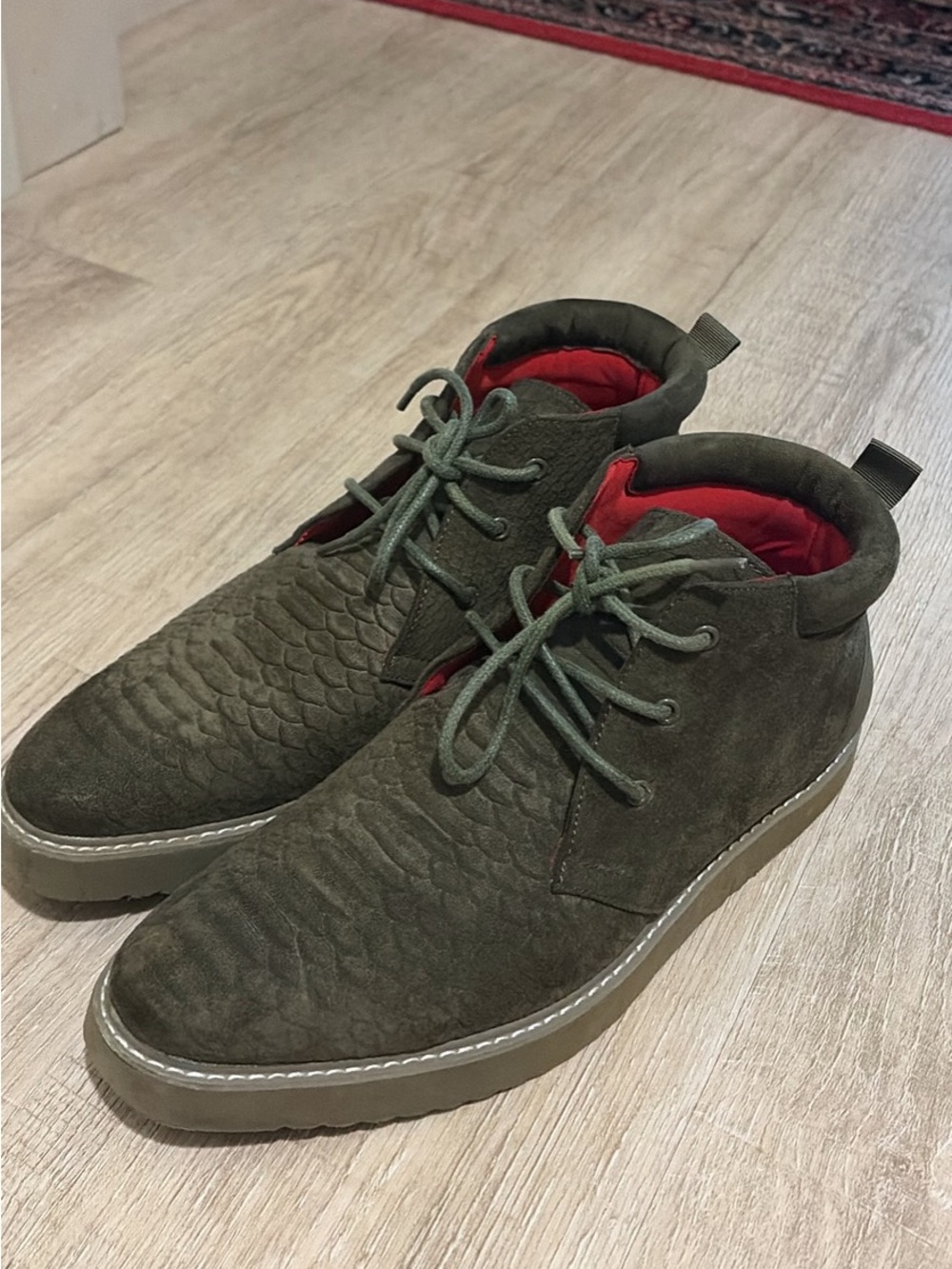 Men's Tanyo Olive Green Suede Boots with Red Lining